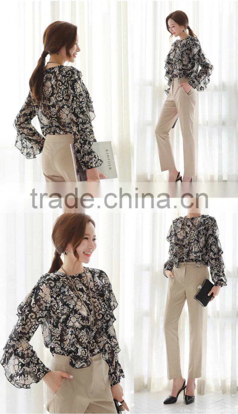 2017 summer print chiffon tunic tops long sleeve womens shirts