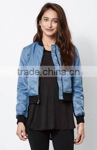 Fashion Women Long Sleeve Custom Dry Clean Solid Hue Bomber Jacket