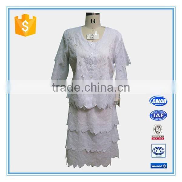 Ladies Wholesale Leaves Pattern Embroidery Cutwork Church Dresses Suits