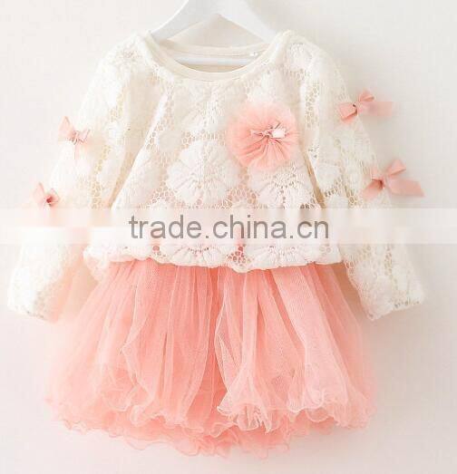 Top quality baby girls dress cheap long sleeve children princess lace top dress