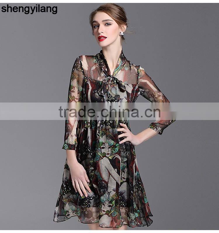 womens latest high quality printed chiffon traditional slim fitted dresses with bow