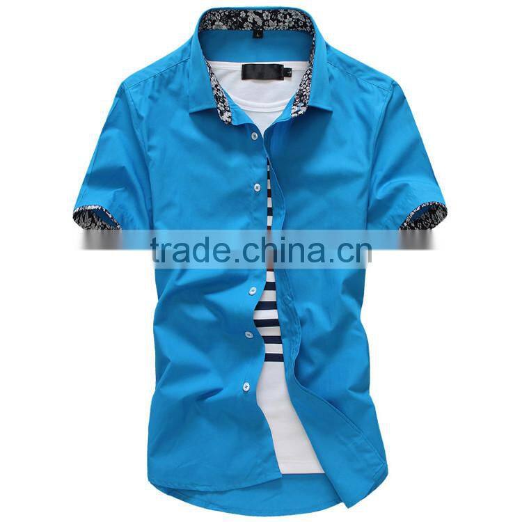 Slim light lake blue color short sleeve cotton men shirts