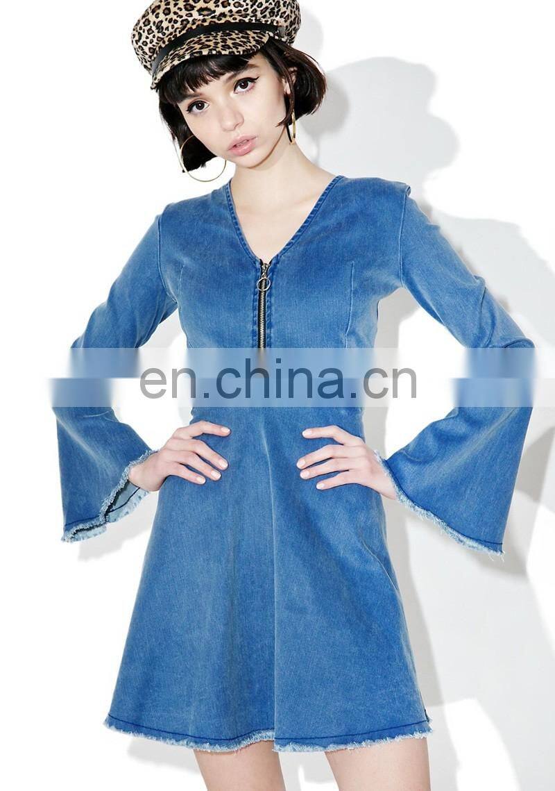 Fashion Jean Dress Long Sleeve Denim Dress with Flared Cuffs Rayed Edging