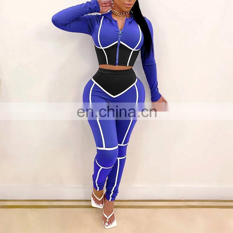 2020 Fall Fashion Woman Clothes Round Neck Crop Top High Waist Pants Two Piece Set