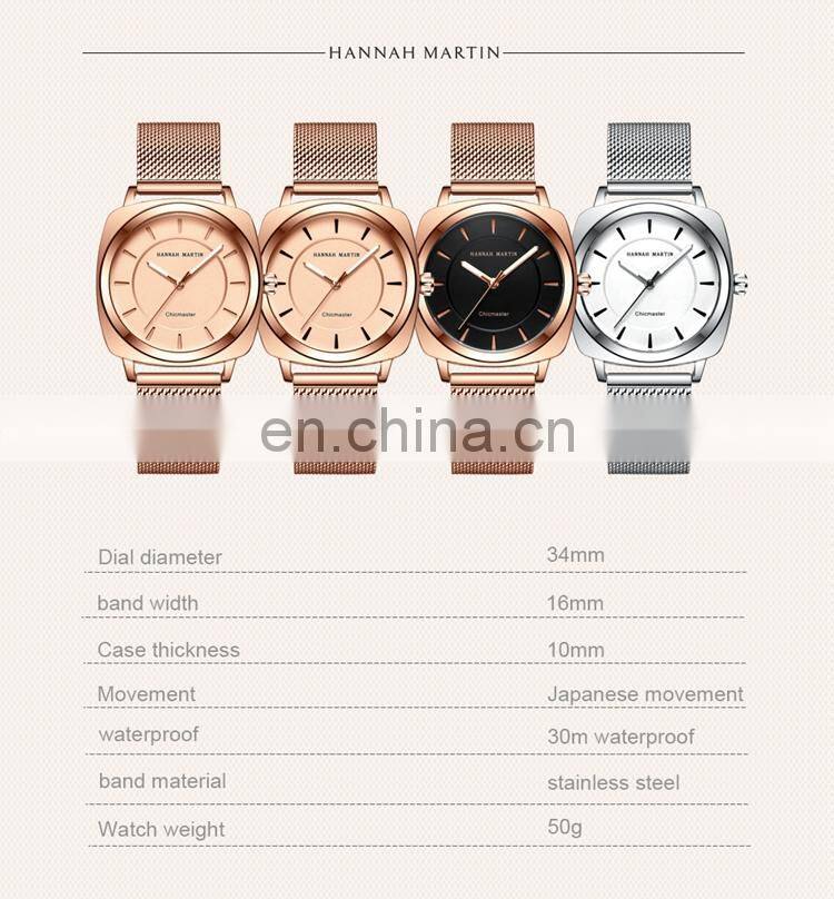 HANNAH MARTIN 106 Luxury Ladies Watches Stainless Steel Mesh Strap Japan Quartz Movement Women Wrist Watch