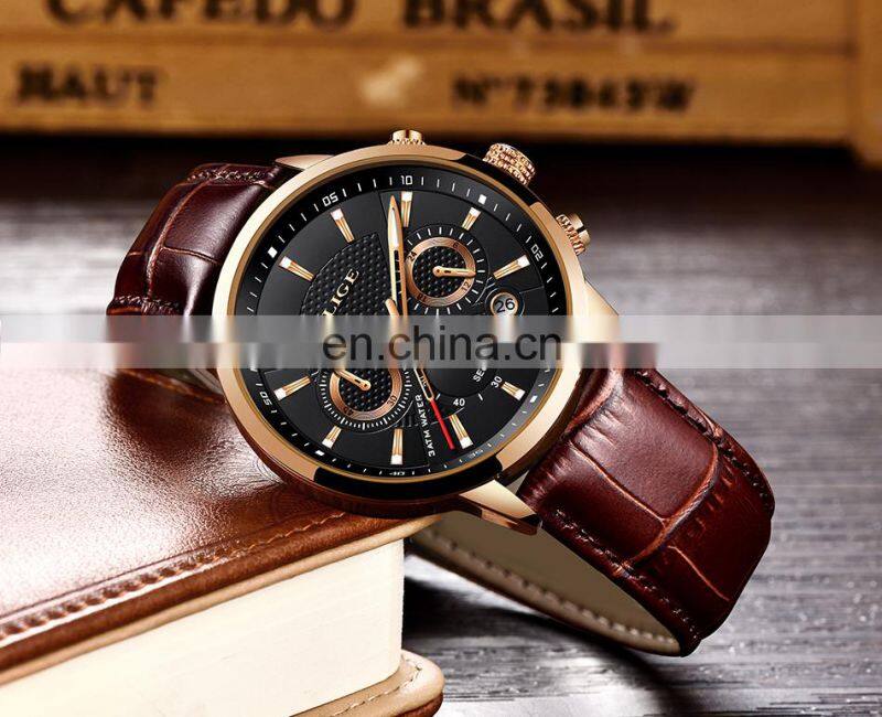 Lige 9866 Casual Men Quartz Watches Chrono Water Resistant Reloj Fashion Leather Wrist Watches for Men