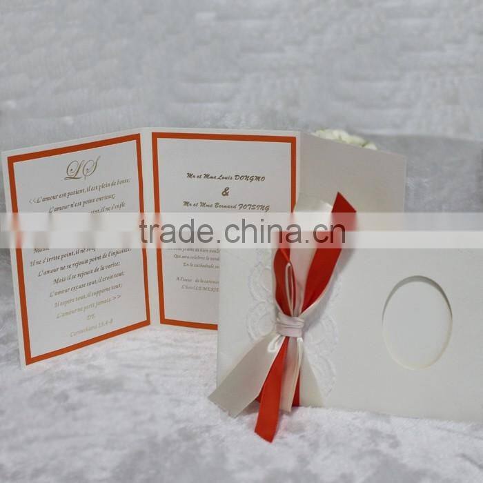 2016 Hot Sale Customized Elegant Indian Wedding Invitation Card Luxury with Lace and Ribbon