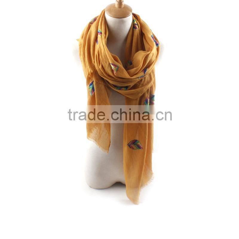 2016 Spring Newest Colorful Leaf Hand Embroidery Designs Cotton Scarves