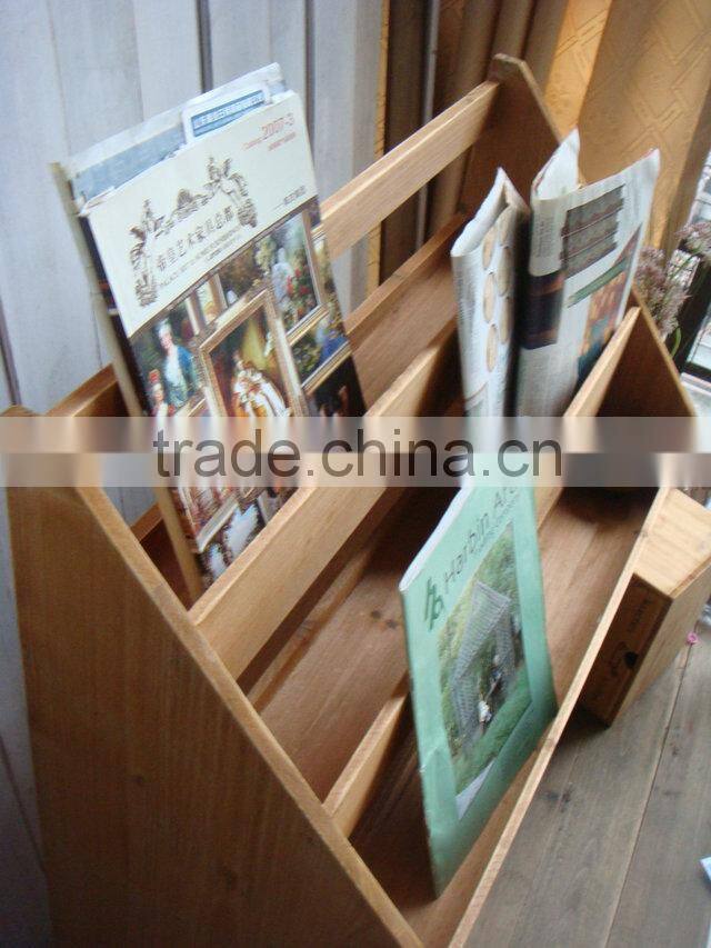 Vintage industry wooden display shelf for books and newspapers