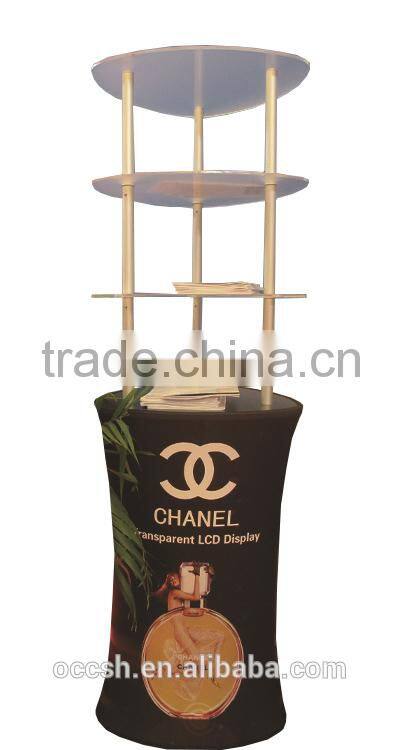 Acrylic Exhibition Shelves Promotion Table Tension Fabric Display Stand