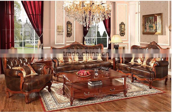 American antique style genuine leather solid wood sofa set design for living room furniture N-253