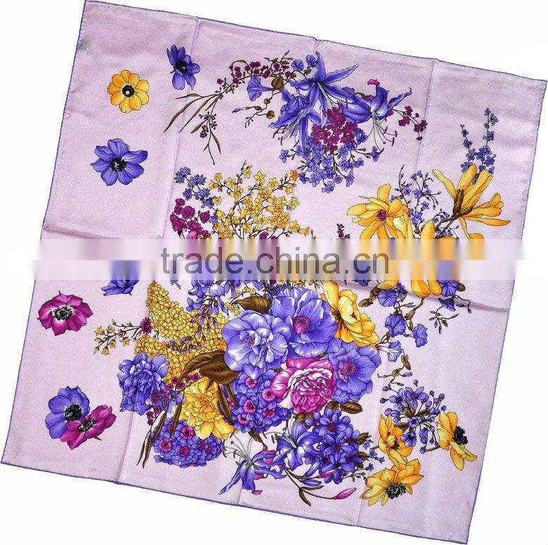 Flowers Printed Silk Twill Scarf for Women Purple/Yellow