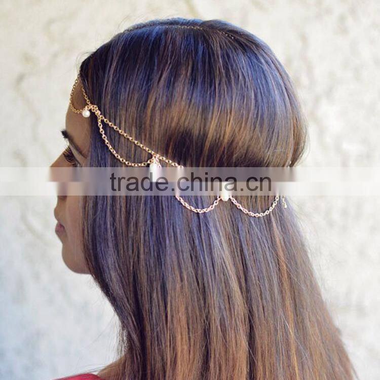 jewelry fashion pearl tassels hair head piece gold chain