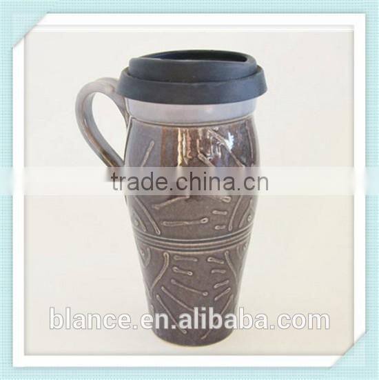 Coffee Travel Mug with Lid, Large Ceramic Commuter Mug with Handle, 24 oz Stoneware Coffee Mug
