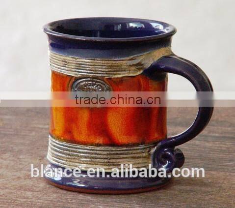 Pottery Mug Wheel Thrown, Earthen mug, Blue and Orange Mug
