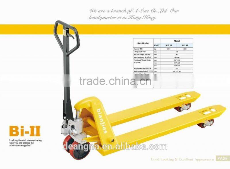 BJS Bi 3000kg 3.0ton Hand pallet truck hydraulic pump with PU /nylon wheel