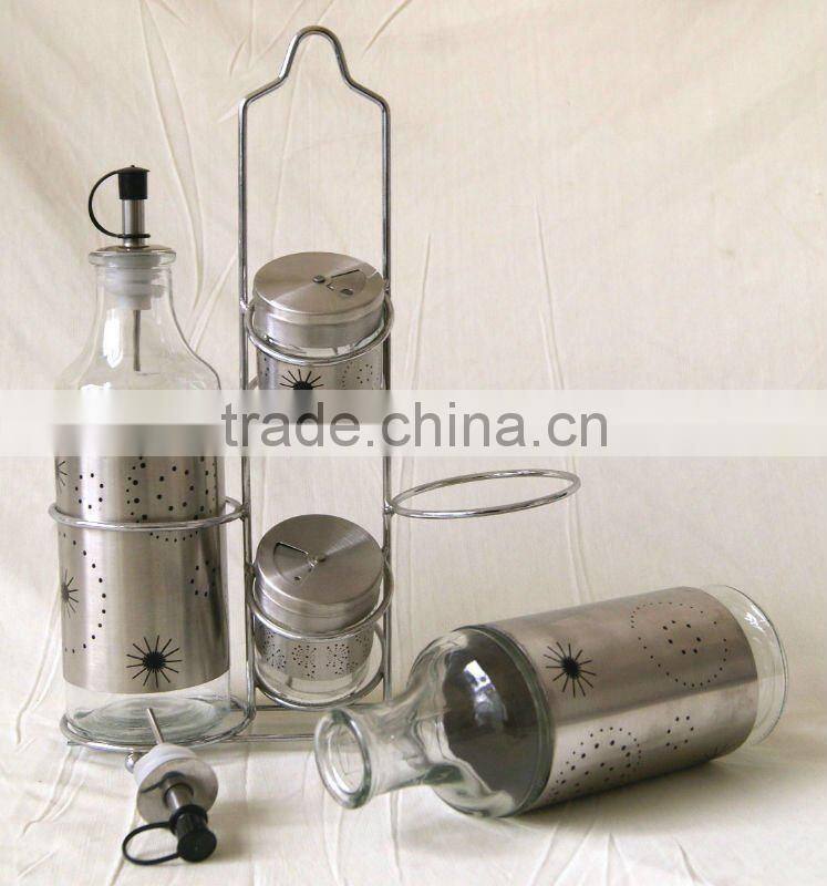 shining stainless steel coated glass cruet with metal rack