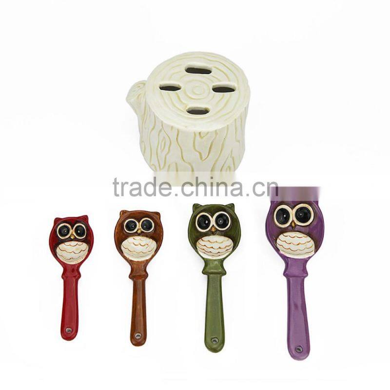 Adorable Owl Design Ceramic Spoon Utensil Holder-Set of 4,Hollow Interior Storage Holder Organizer,Kitchen Storage Crock
