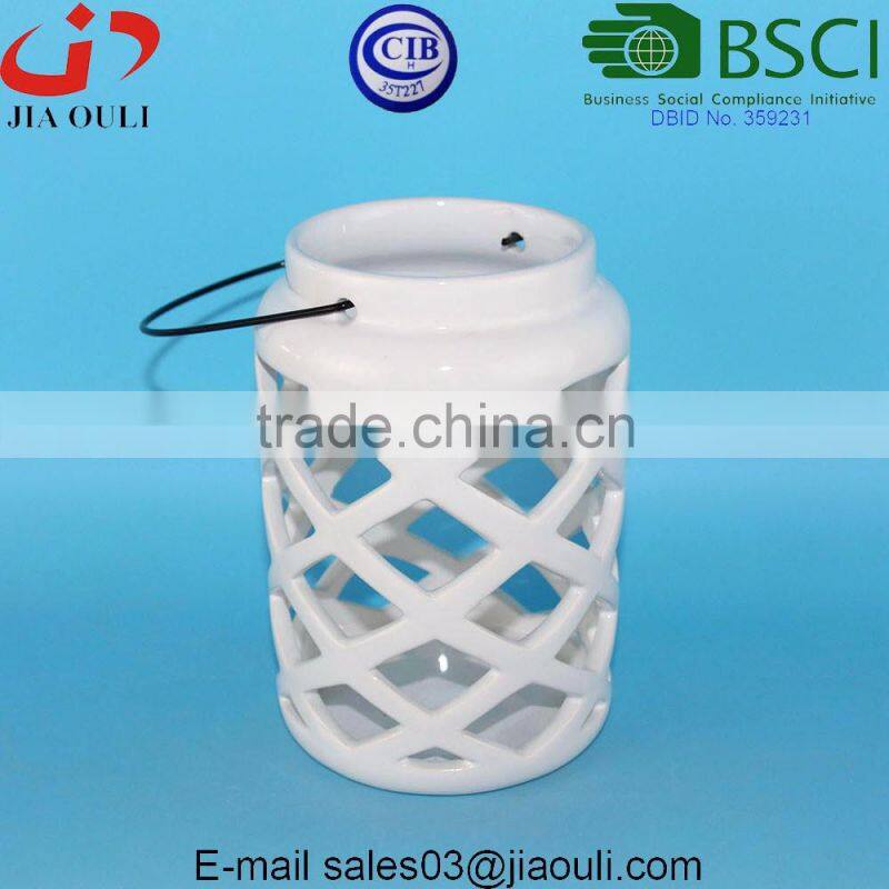White Ceramic Hurricane Candleholder, Candle holders lantern with handle