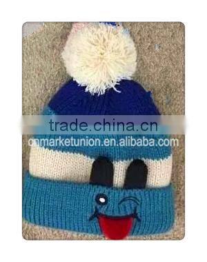whole sale striated warm hat with happy face and top ball ,winter colorful caps