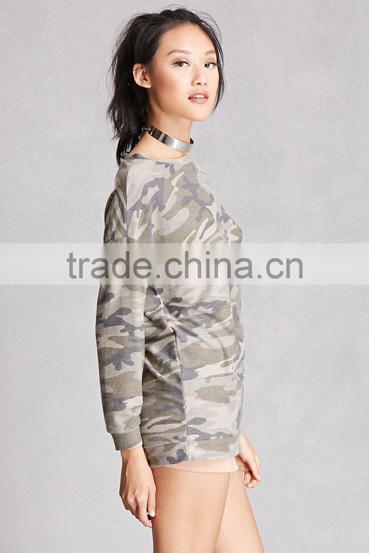 100 Polyester Sweatshirt Women Round Neck Long Sleeve Camo Longline Sweater Without Hood