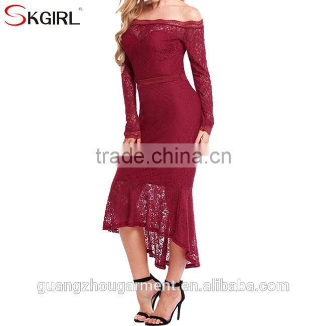 Women's off shoulder long sleeve floral lace mermaid long fish tail cocktail evening bodycon dress