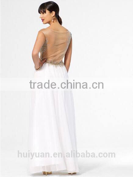 gold white combine beaded halter full length chiffon party wear