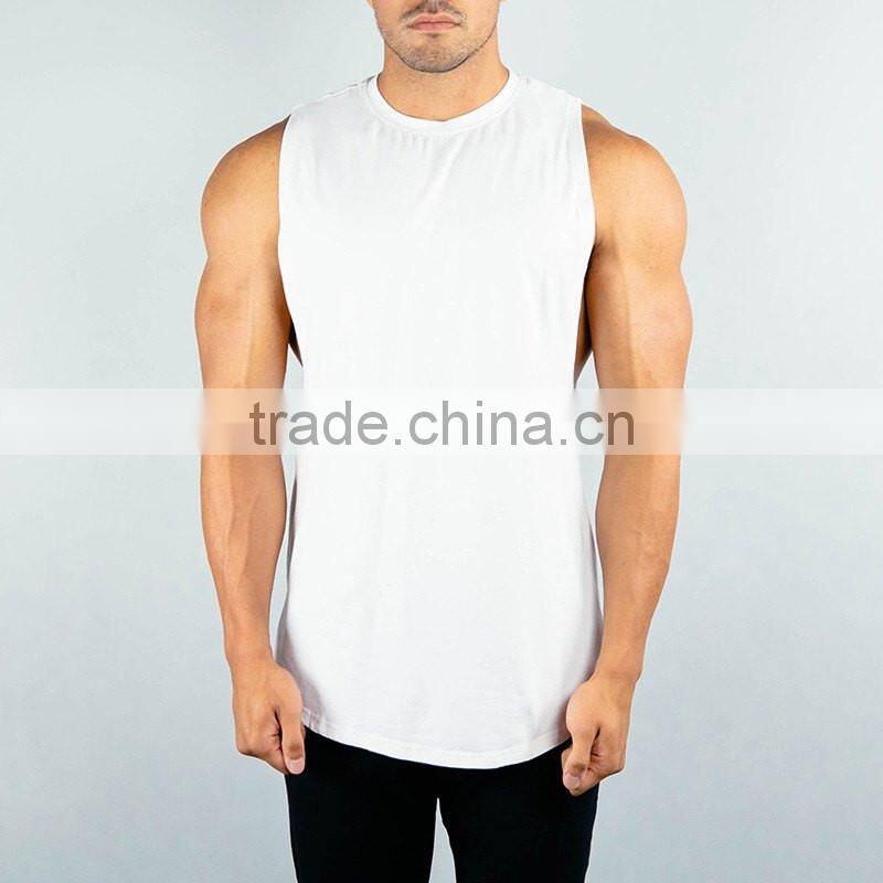 OEM Slim Fit White Plain Mens Cut off Gym Shirt Deep Cut Longline Curved Hem T Shirt with Side Split