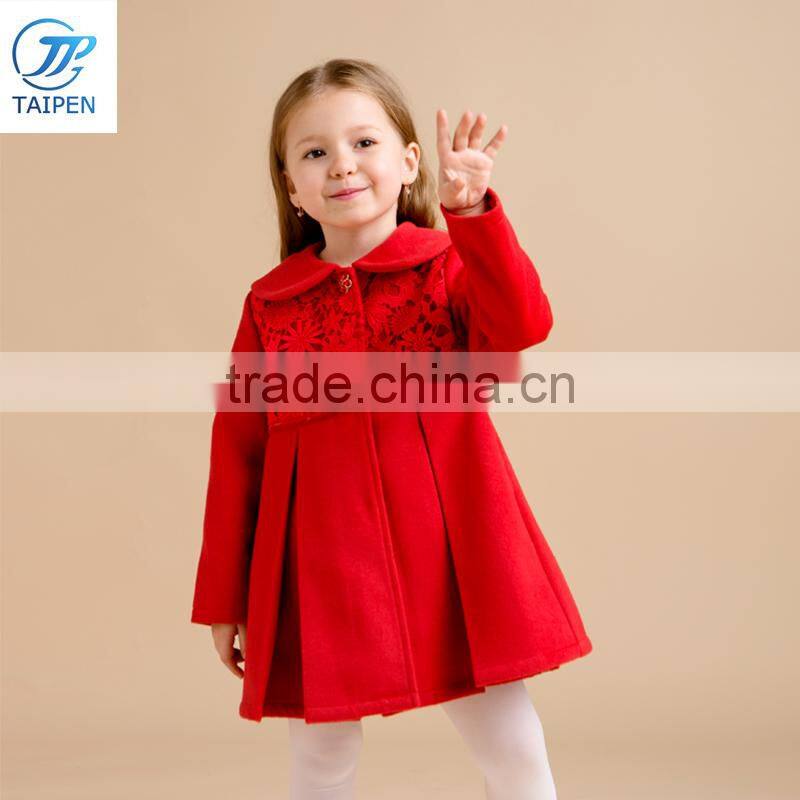 Girls Red Color Party Dress Kids Short Sleeve Woolen Frock With Boutique Lace Designs For Girl
