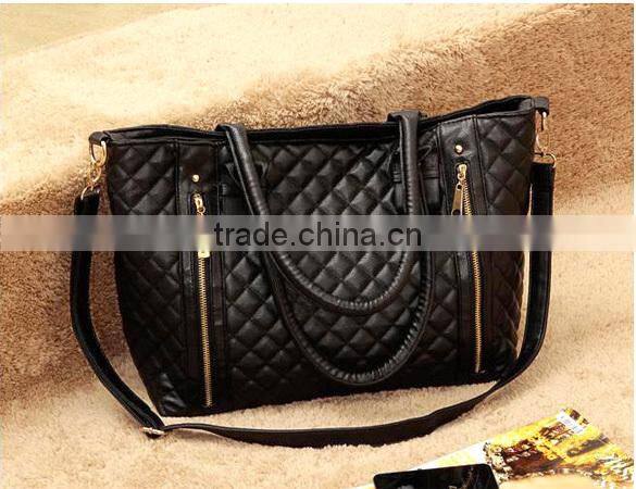Black Retro Women Office Lady Quilted Shoulder Tote Bag Handbag