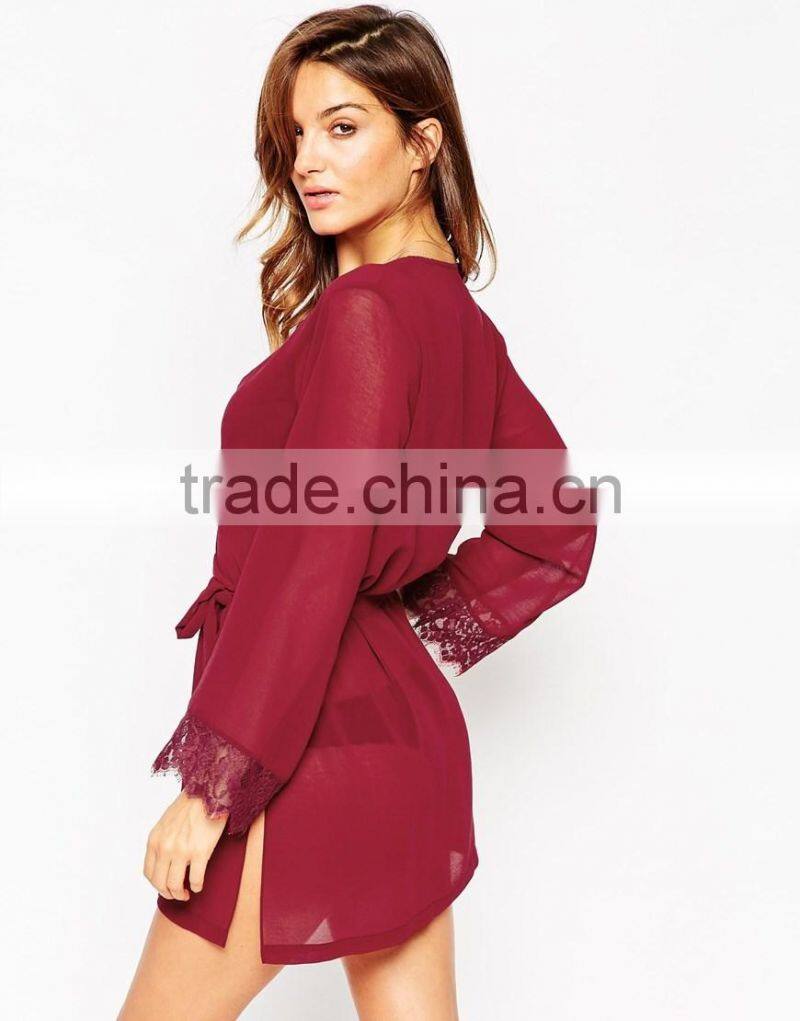 Sexy fashion semitransparent chiffon fabric lace cuff robe for lady