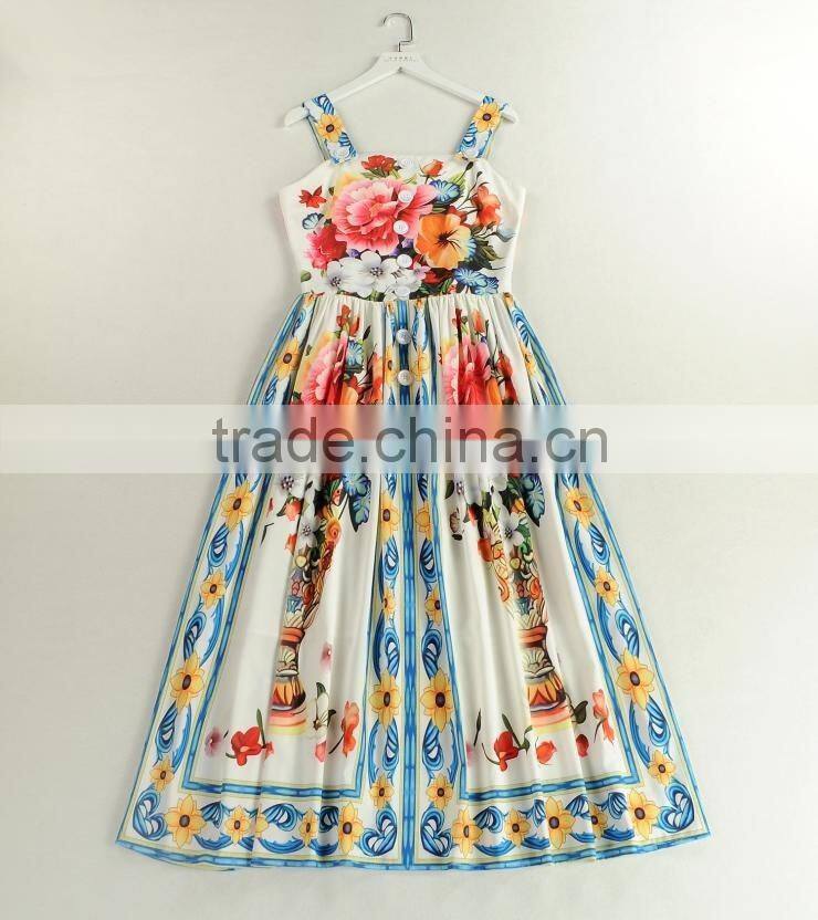 Ladies bright-coloured button-up peony printing princess straps dress with zipper back