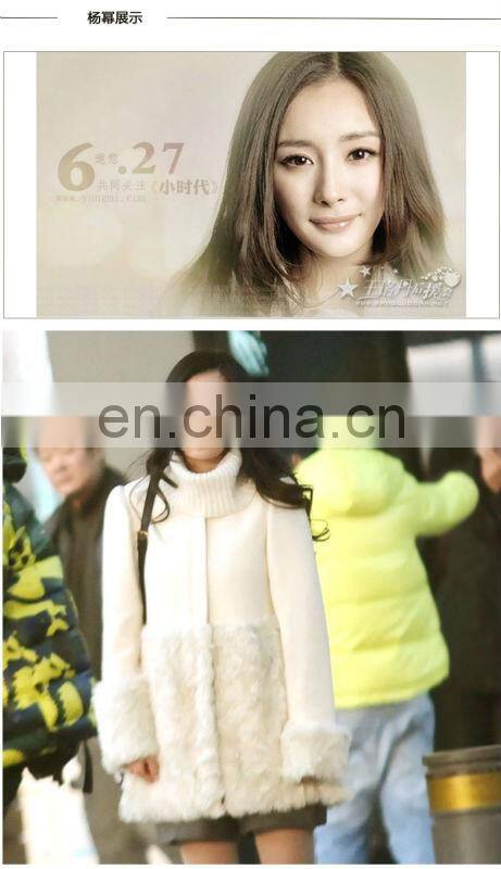 2014 Korean style white midi pattern woollen rabbit fur coat