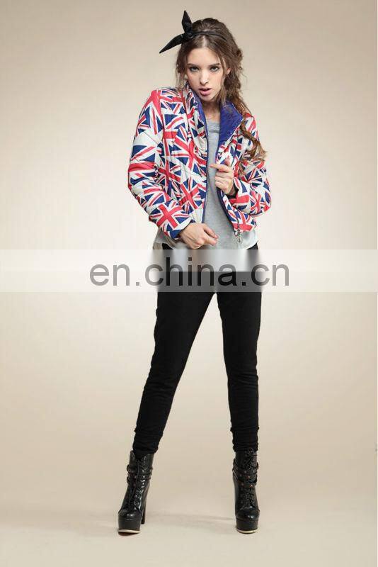 english flag printed short length stand collar oblique zipper down coats for elegant girls