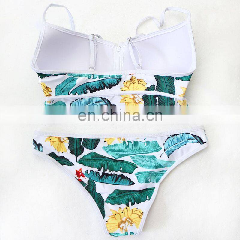 Floral Bikini Thong Zipper High Neck Swim Bathing Suit Plus Size Swimwear Women Brazilian Push Up Swimsuit