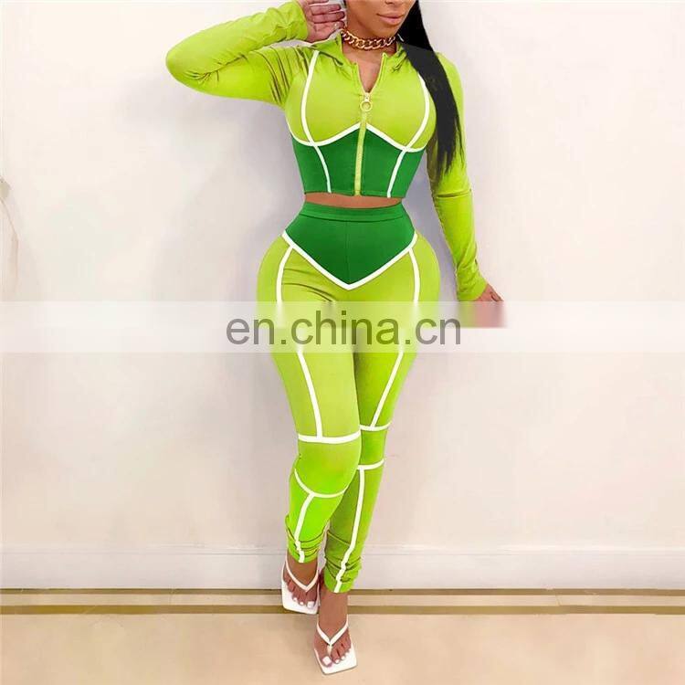 2020 Fall Fashion Woman Clothes Round Neck Crop Top High Waist Pants Two Piece Set