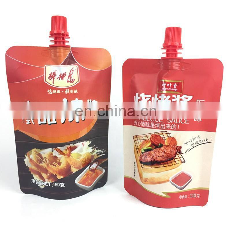 Custom printing tomato ketchup food sachets plastic cap top aluminum foil liquid standing up spout pouch hot sauce packaging bag