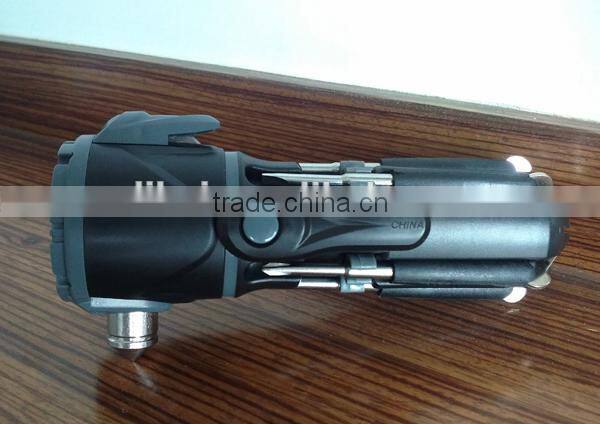 QC-208 12 IN ONE high quality multi function car emergency hammer , strong bright torch, screwdriver set, hand tool