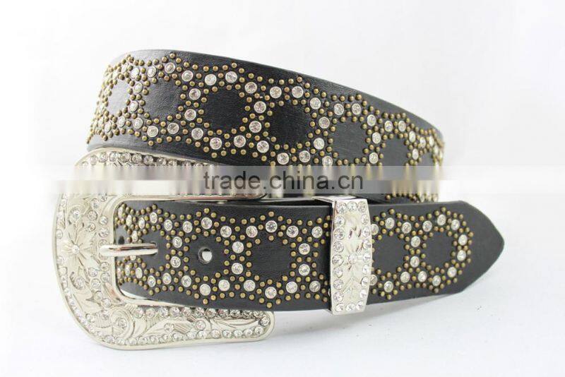 2016 New Design Western rhinestone leather belt with crystals circle chains and studs embedded