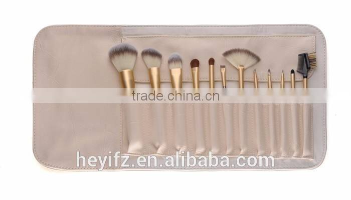 Hot Sell Wood Handle Synthetic Hair 12PCS Travelling Champagne Color Makeup Brush Set