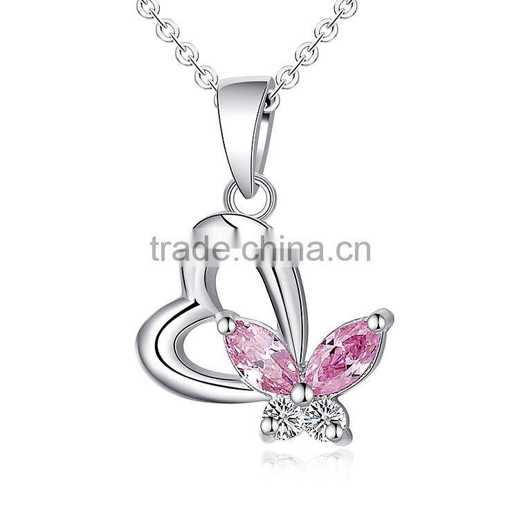 Sterling Silver Pink Stone Butterfly and Plain Heart Necklace