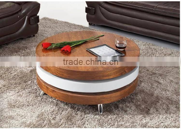 round rotating wood coffee table three layers metal legs