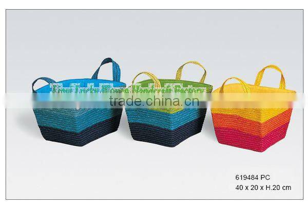 Cheap colored Rectangle straw storage basket with liner and handle