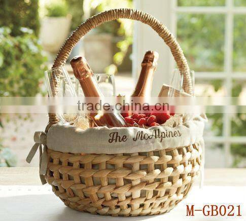 Cattail & seagrass gift basket with cotton linen liner and handle