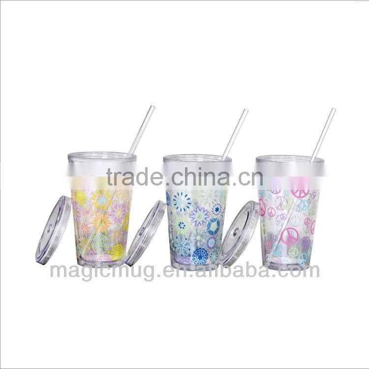 Transparent Plastic Mug with lid and straw