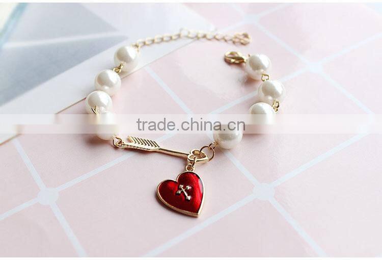 Cupid arrow love bracelet gold arrow red enamel cross heart charms pearl bead link bracelet
