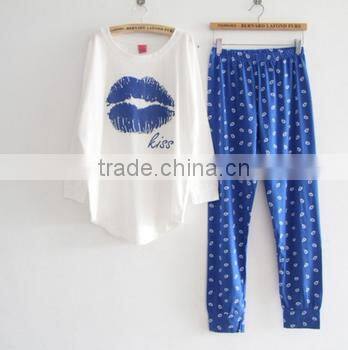 2015 fashion printing soft cotton homewear ,long sleeve sleepwear blank homewear ,lady's printing homewear