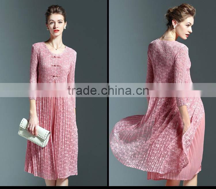 Chinoiserie ladies pleat fake two pieces lace spliced dress