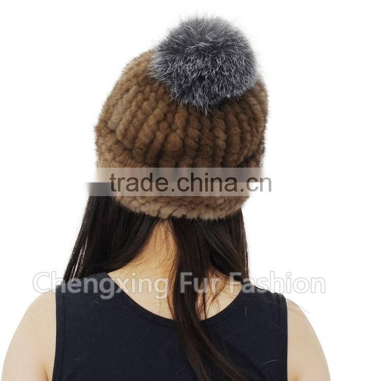 CX-C-239F Women Fashion Fox Fur Pom Pom Winter Knitted Mink Fur Hat