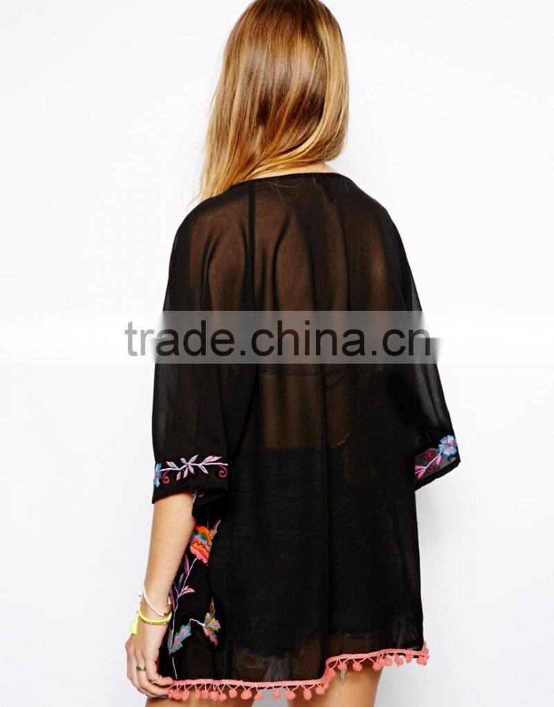 2014 Wholesale Half Sleeve Printed Chiffon Ladies Blouse Design Hot Sexy Kimono